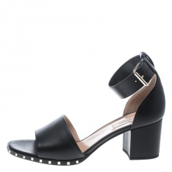 Pre Owned Valentino Black Leather Soul Rockstud Ankle Strap Block Heel Sandals Size 39.5