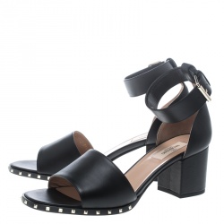 Pre Owned Valentino Black Leather Soul Rockstud Ankle Strap Block Heel Sandals Size 39.5