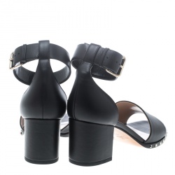 Pre Owned Valentino Black Leather Soul Rockstud Ankle Strap Block Heel Sandals Size 39.5