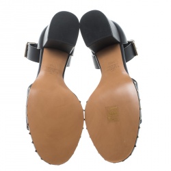 Pre Owned Valentino Black Leather Soul Rockstud Ankle Strap Block Heel Sandals Size 39.5