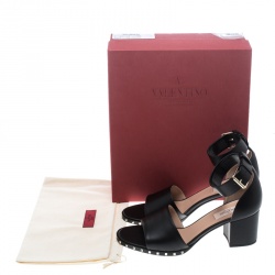 Pre Owned Valentino Black Leather Soul Rockstud Ankle Strap Block Heel Sandals Size 39.5