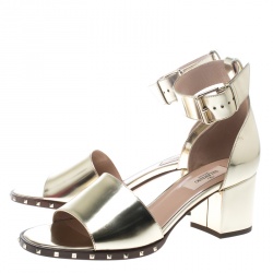 Pre Owned Valentino Gold Leather Soul Rockstud Ankle Strap Block Heel Sandals Size 38