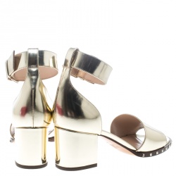 Pre Owned Valentino Gold Leather Soul Rockstud Ankle Strap Block Heel Sandals Size 38