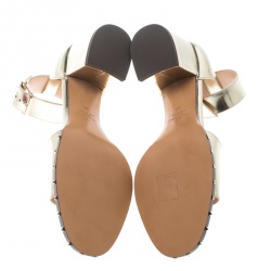 Pre Owned Valentino Gold Leather Soul Rockstud Ankle Strap Block Heel Sandals Size 38