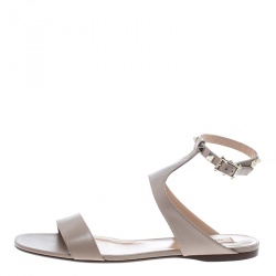 Pre Owned Valentino Beige Leather Rockstud Ankle Strap Flat Sandals Size 41