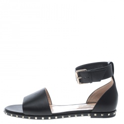 Pre Owned Valentino Black Leather Soul Rockstud Ankle Strap Flat Sandals Size 37.5