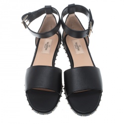 Pre Owned Valentino Black Leather Soul Rockstud Ankle Strap Flat Sandals Size 37.5
