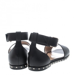 Pre Owned Valentino Black Leather Soul Rockstud Ankle Strap Flat Sandals Size 37.5