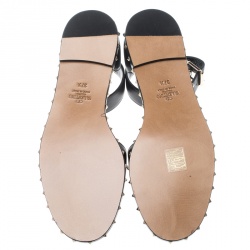 Pre Owned Valentino Black Leather Soul Rockstud Ankle Strap Flat Sandals Size 37.5