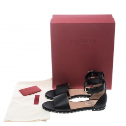 Pre Owned Valentino Black Leather Soul Rockstud Ankle Strap Flat Sandals Size 37.5