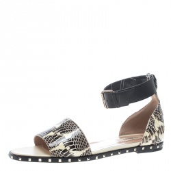 Pre Owned Valentino Two Tone Snakeskin Soul Rockstud Ankle Strap Flat Sandals Size 38.5