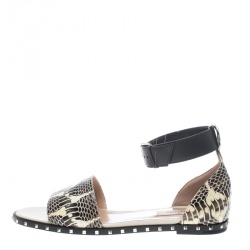 Pre Owned Valentino Two Tone Snakeskin Soul Rockstud Ankle Strap Flat Sandals Size 38.5