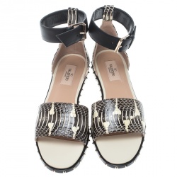Pre Owned Valentino Two Tone Snakeskin Soul Rockstud Ankle Strap Flat Sandals Size 38.5