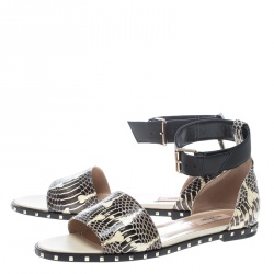 Pre Owned Valentino Two Tone Snakeskin Soul Rockstud Ankle Strap Flat Sandals Size 38.5