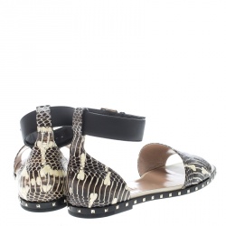Pre Owned Valentino Two Tone Snakeskin Soul Rockstud Ankle Strap Flat Sandals Size 38.5