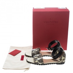 Pre Owned Valentino Two Tone Snakeskin Soul Rockstud Ankle Strap Flat Sandals Size 38.5