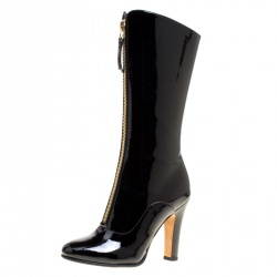 Pre Owned Valentino Black Patent Leather Zip Detail Mid Calf Boots Size 37