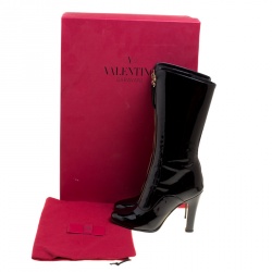 Pre Owned Valentino Black Patent Leather Zip Detail Mid Calf Boots Size 37