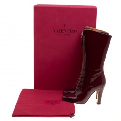 Pre Owned Valentino Crimpson Red Patent Leather Zip Detail Mid Calf Boots Size 37.5