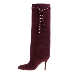 Pre Owned Valentino Burgundy Suede Rockstud Tie Foldover Knee Length Boots Size 37