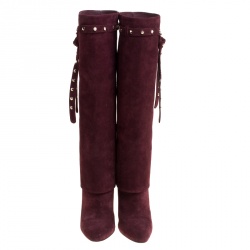 Pre Owned Valentino Burgundy Suede Rockstud Tie Foldover Knee Length Boots Size 37