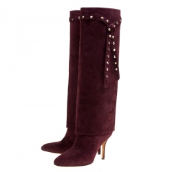 Pre Owned Valentino Burgundy Suede Rockstud Tie Foldover Knee Length Boots Size 37