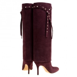 Pre Owned Valentino Burgundy Suede Rockstud Tie Foldover Knee Length Boots Size 37