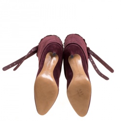 Pre Owned Valentino Burgundy Suede Rockstud Tie Foldover Knee Length Boots Size 37