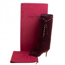 Pre Owned Valentino Burgundy Suede Rockstud Tie Foldover Knee Length Boots Size 37