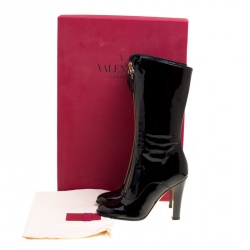 Pre Owned Valentino Black Patent Leather Zip Detail Mid Calf Boots Size 39