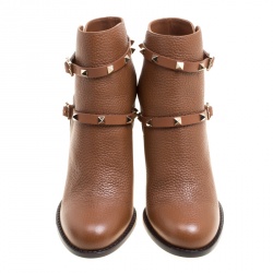 Pre Owned Valentino Brown Leather Rockstud Block Heel Ankle Boots Size 39