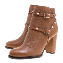 Pre Owned Valentino Brown Leather Rockstud Block Heel Ankle Boots Size 39