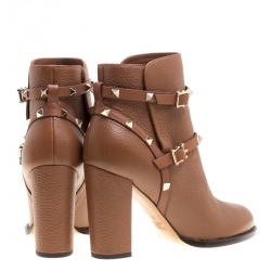 Pre Owned Valentino Brown Leather Rockstud Block Heel Ankle Boots Size 39