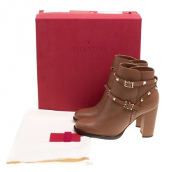Pre Owned Valentino Brown Leather Rockstud Block Heel Ankle Boots Size 39