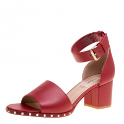 Pre Owned Valentino Red Leather Soul Rockstud Ankle Strap Block Heel Sandals Size 39.5