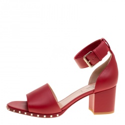 Pre Owned Valentino Red Leather Soul Rockstud Ankle Strap Block Heel Sandals Size 39.5