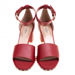 Pre Owned Valentino Red Leather Soul Rockstud Ankle Strap Block Heel Sandals Size 39.5