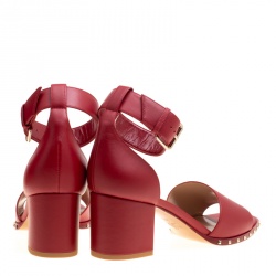 Pre Owned Valentino Red Leather Soul Rockstud Ankle Strap Block Heel Sandals Size 39.5