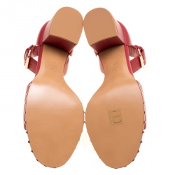 Pre Owned Valentino Red Leather Soul Rockstud Ankle Strap Block Heel Sandals Size 39.5