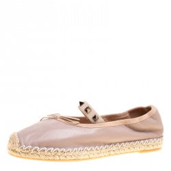Pre Owned Valentino Beige Leather Rockstud Bow Detail Espadrille Ballet Flats Size 37