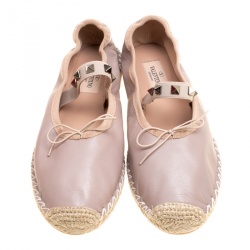 Pre Owned Valentino Beige Leather Rockstud Bow Detail Espadrille Ballet Flats Size 37
