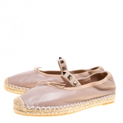 Pre Owned Valentino Beige Leather Rockstud Bow Detail Espadrille Ballet Flats Size 37