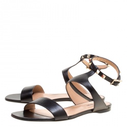 Pre Owned Valentino Black Leather Rockstud Ankle Strap Flat Sandals Size 37