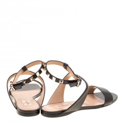 Pre Owned Valentino Black Leather Rockstud Ankle Strap Flat Sandals Size 37
