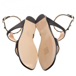 Pre Owned Valentino Black Leather Rockstud Ankle Strap Flat Sandals Size 37