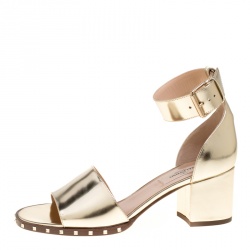 Pre Owned Valentino Gold Leather Soul Rockstud Ankle Strap Block Heel Sandals Size 37.5