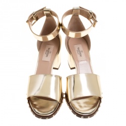Pre Owned Valentino Gold Leather Soul Rockstud Ankle Strap Block Heel Sandals Size 37.5