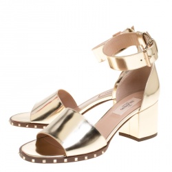 Pre Owned Valentino Gold Leather Soul Rockstud Ankle Strap Block Heel Sandals Size 37.5