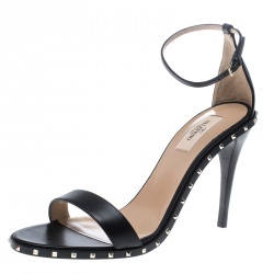 Pre Owned Valentino Black Leather Soul Rockstud Ankle Strap Sandals Size 41