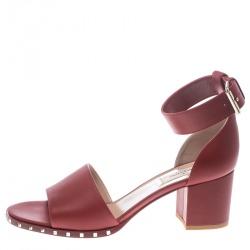 Pre Owned Valentino Red Leather Soul Rockstud Ankle Strap Block Heel Sandals Size 37